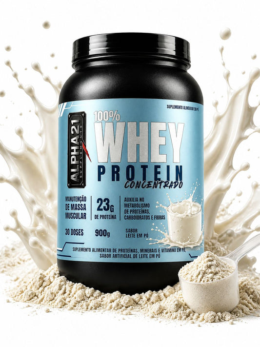 Whey Protein ALPHA21 Leite em Pó 900g - Suplemento proteico concentrado com 24g de proteína, BCAAs e aminoácidos essenciais - Fabricado sob BPF ANVISA
