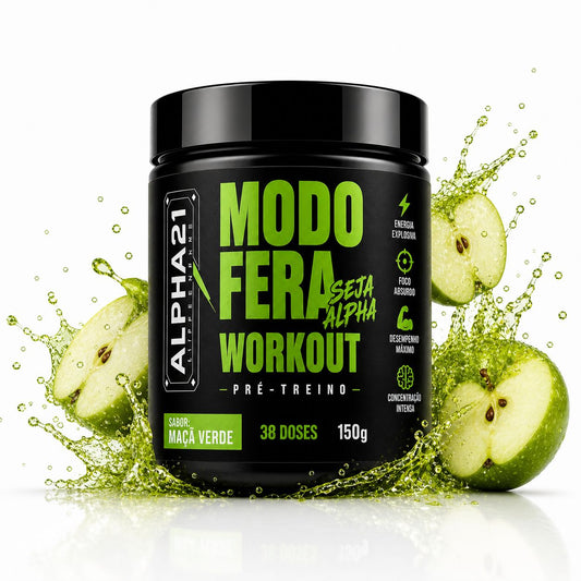 Pré-Treino ALPHA21 Maçã Verde 150g - Suplemento pré-treino com cafeína, beta-alanina e citrulina para energia e foco - Fabricado sob BPF ANVISA
