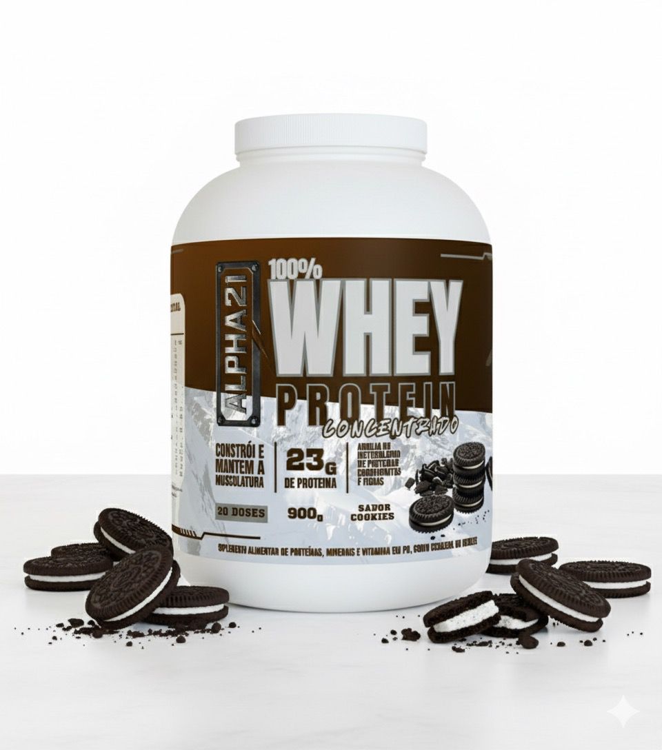 WHEY PROTEIN CONCENTRADO 900G – COOKIES – ALPHA21 SUPPLEMENTS