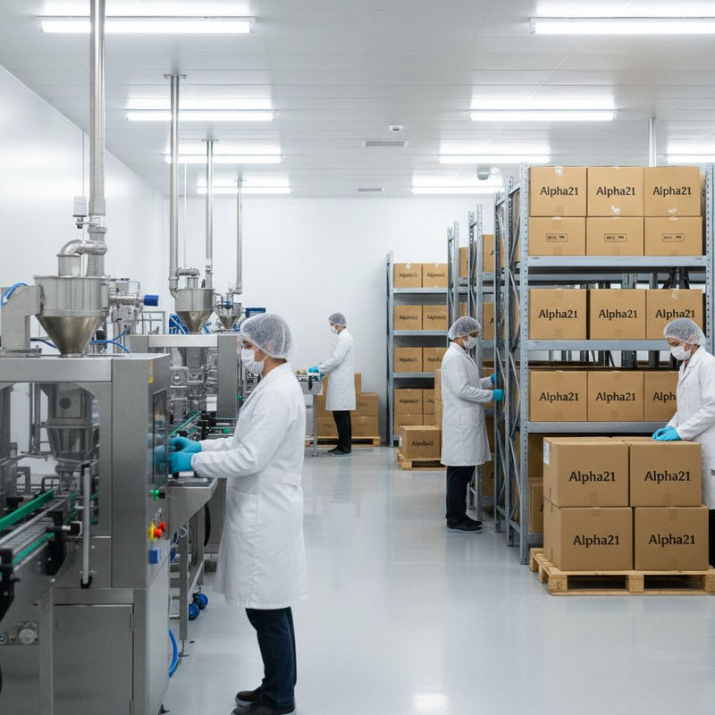 Produção de suplementos ALPHA21 em laboratório com controle de qualidade e tecnologia.