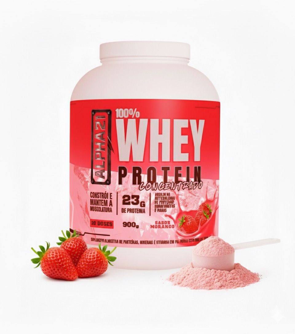 WHEY PROTEIN CONCENTRADO 900G – MORANGO – ALPHA21 SUPPLEMENTS