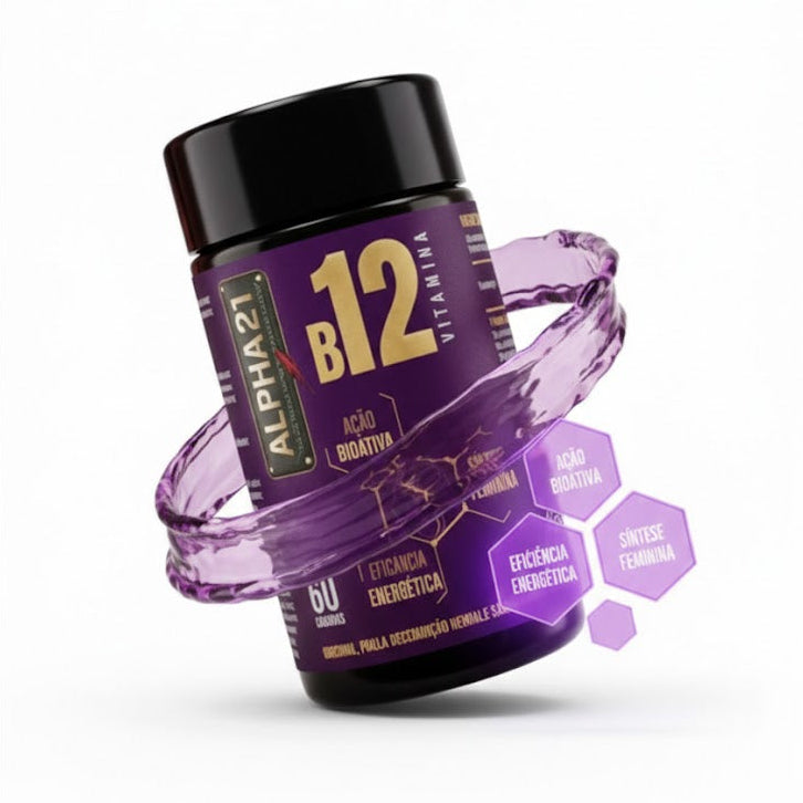 B12 ALPHA21 3D visto de cima, com acabamento glossy, hexágonos flutuantes mostrando benefícios e ribbon de energia horizontal, fundo minimalista, estilo premium e sofisticado