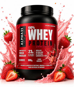 Proteína concentrada ALPHA21 Morango – 900g para ganho muscular