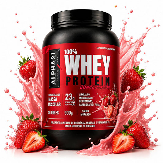 Proteína concentrada ALPHA21 Morango – 900g para ganho muscular