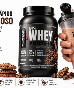 Whey Protein ALPHA21 sabor Cookies – concentrado 900g para hipertrofia