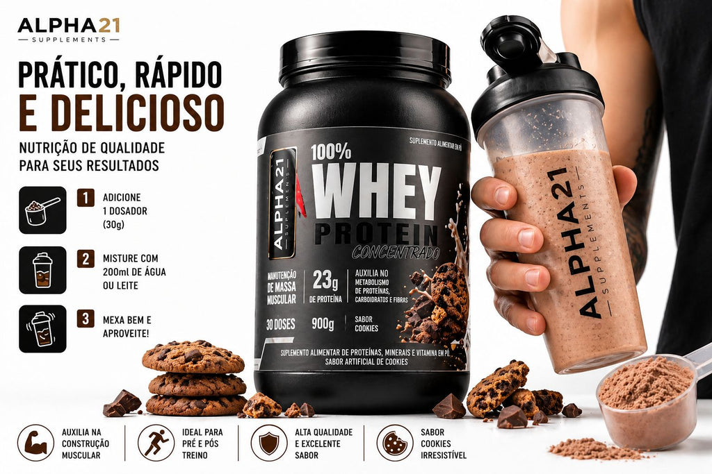 Whey Protein ALPHA21 sabor Cookies – concentrado 900g para hipertrofia