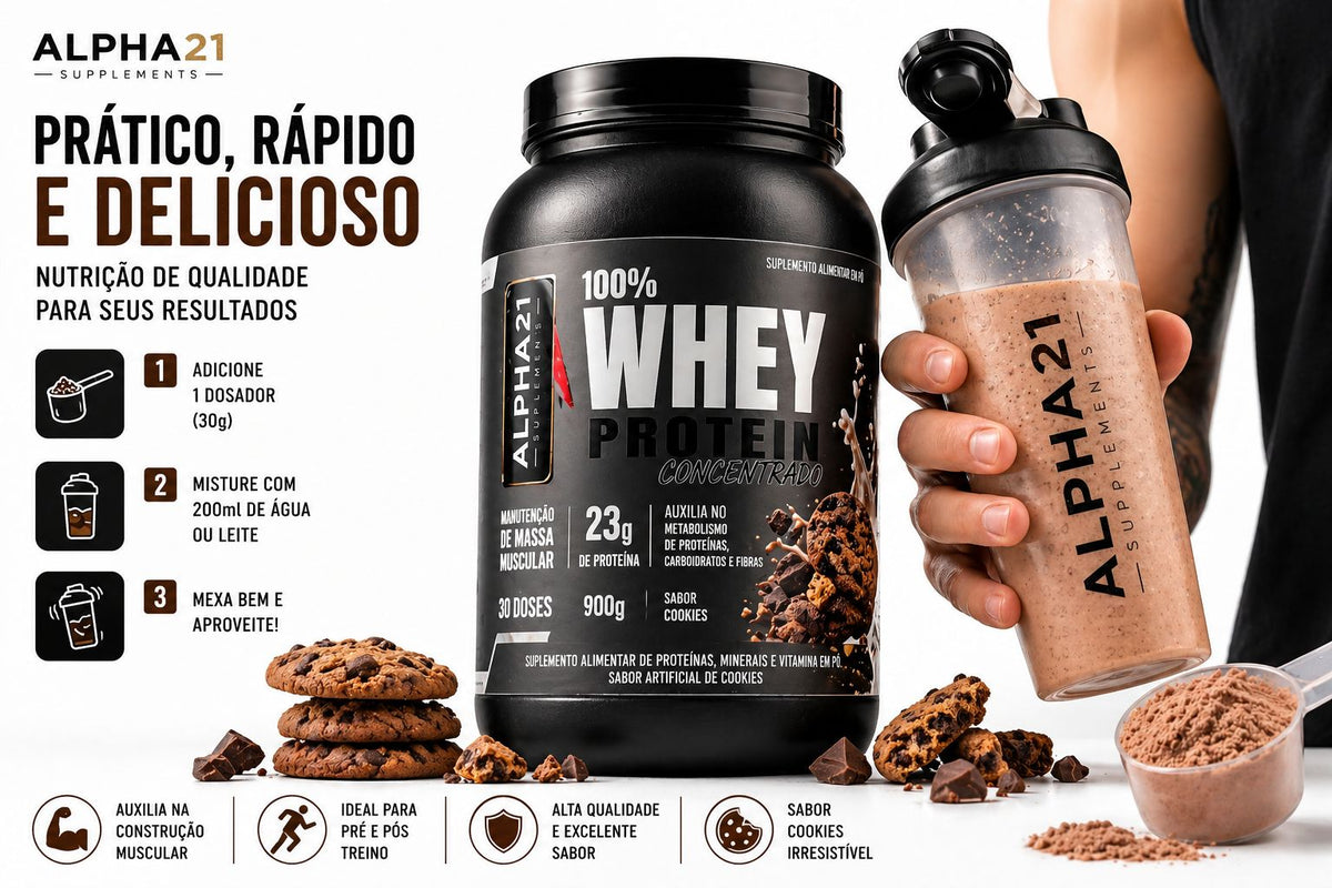 Whey Protein ALPHA21 sabor Cookies – concentrado 900g para hipertrofia