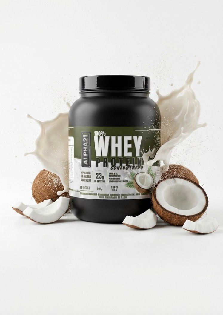 Whey Protein ALPHA21 Coco 900g - Suplemento proteico concentrado com 24g de proteína, BCAAs e aminoácidos essenciais - Fabricado sob BPF ANVISA
