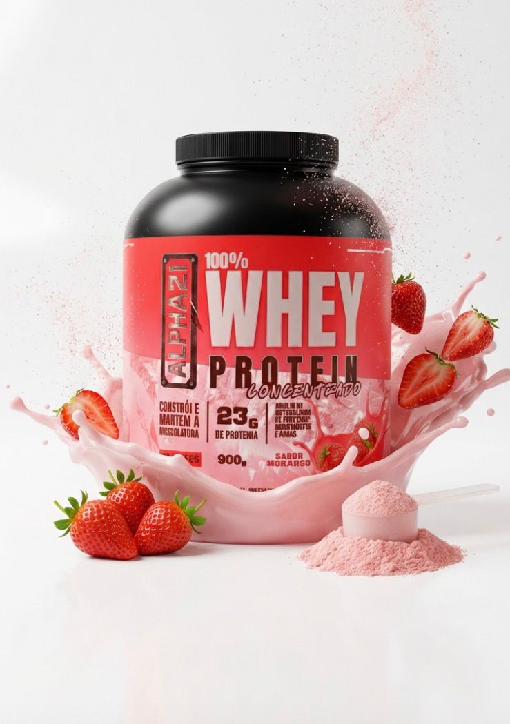 Whey Protein ALPHA21 Morango 900g - Suplemento proteico concentrado com 24g de proteína, BCAAs e aminoácidos essenciais - Fabricado sob BPF ANVISA

