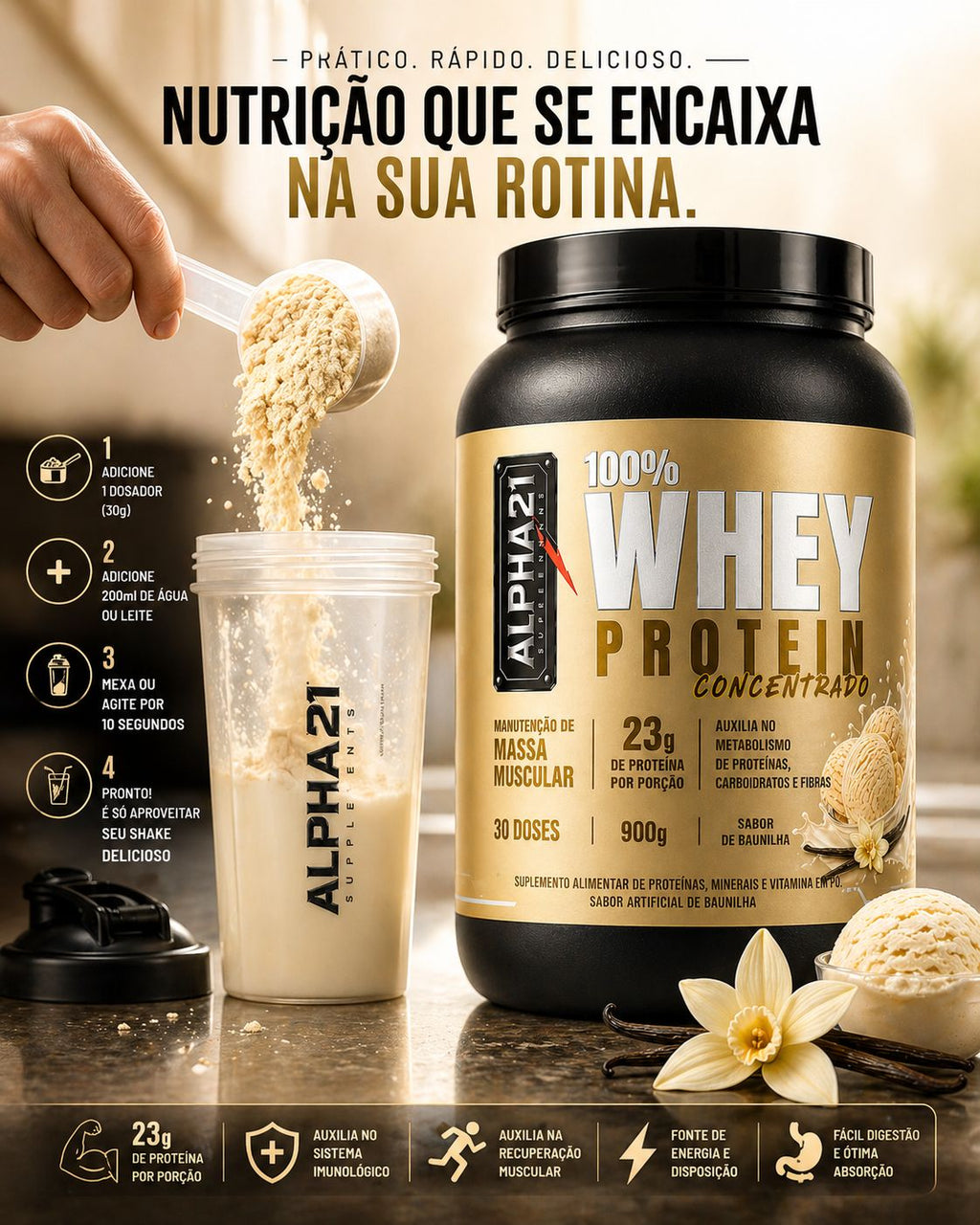 Proteína concentrada ALPHA21 Baunilha – 900g para ganho muscular
