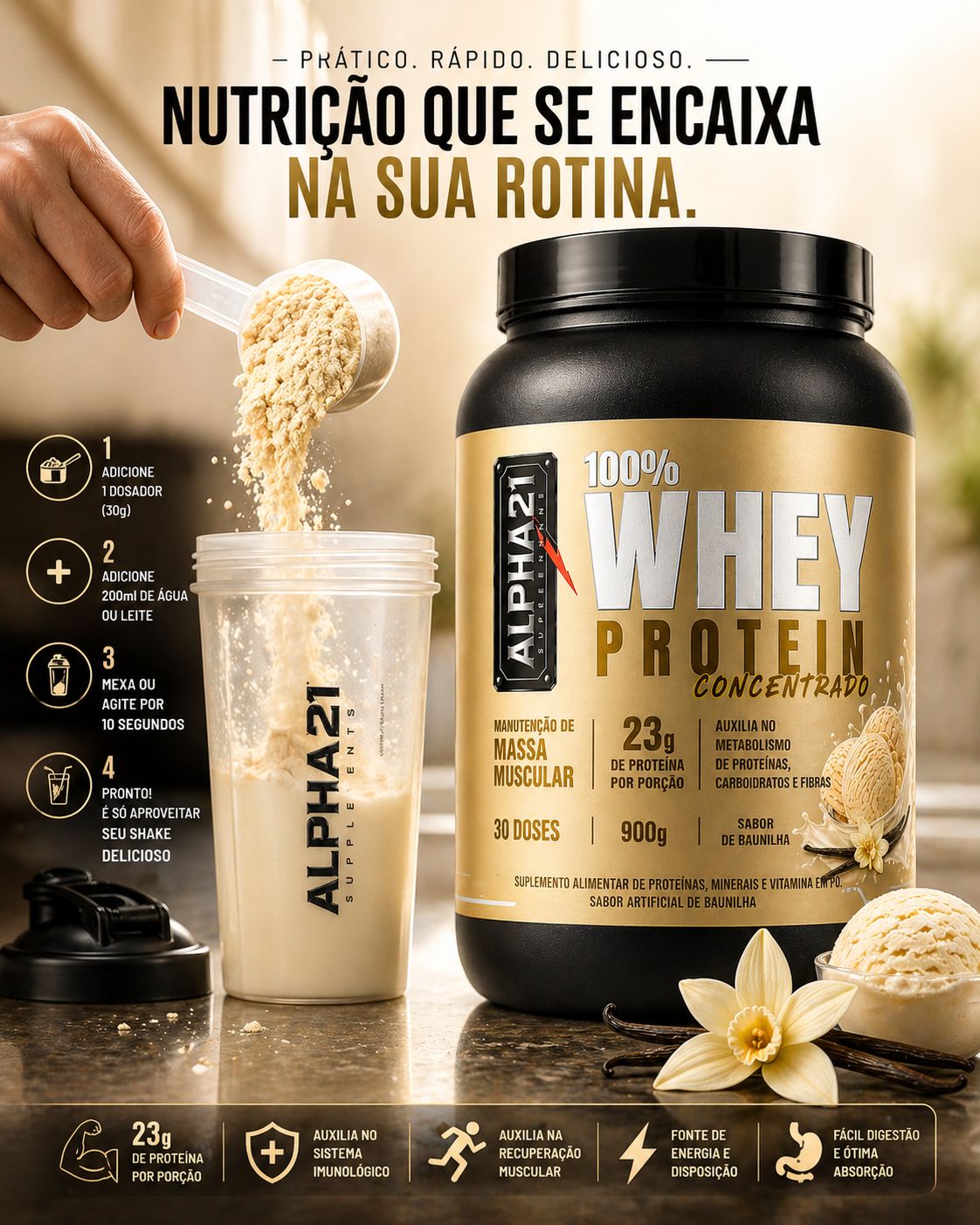 Proteína concentrada ALPHA21 Baunilha – 900g para ganho muscular