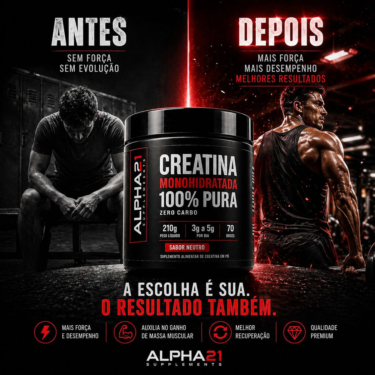 Creatina pura ALPHA21 – 210g monohidratada para performance no treino