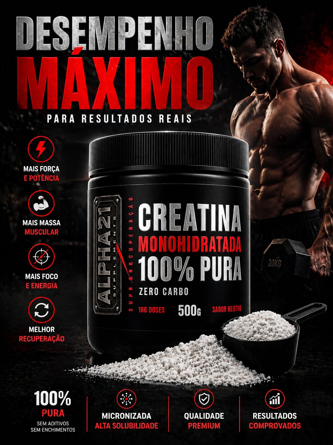 Pote Creatina Monohidratada ALPHA21 500g – zero carbo, alta performance