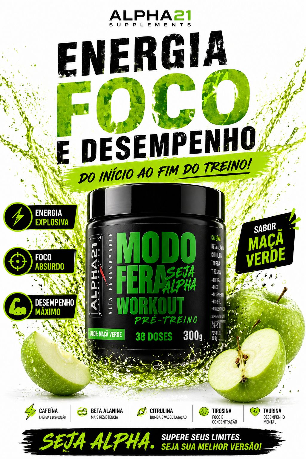 Pré-Treino ALPHA21 sabor Maçã Verde – 300g com fórmula de energia premium