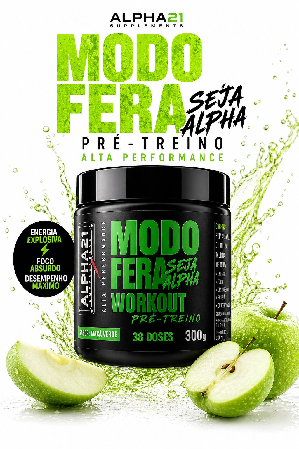 Suplemento pré-treino ALPHA21 Maçã Verde – 300g para máximo desempenho