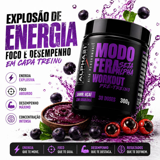 Pré-Treino ALPHA21 sabor Açaí – 300g com fórmula de energia e foco