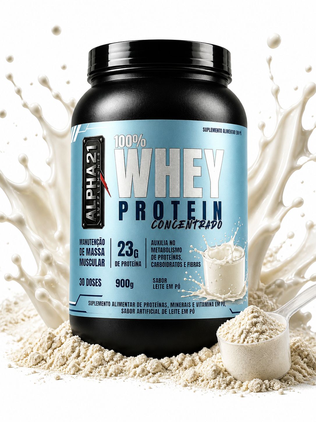Whey Protein ALPHA21 Leite em Pó 900g - Suplemento proteico concentrado com 24g de proteína, BCAAs e aminoácidos essenciais - Fabricado sob BPF ANVISA