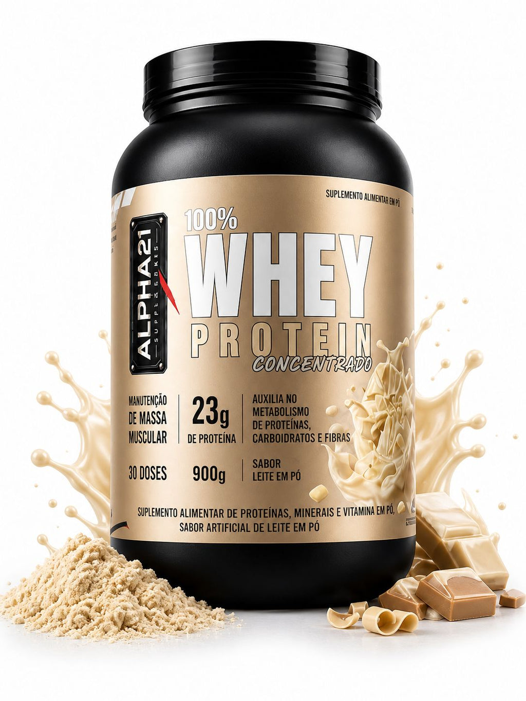 Whey Protein ALPHA21 Chocolate Branco 900g - Suplemento proteico concentrado com 24g de proteína, BCAAs e aminoácidos essenciais - Fabricado sob BPF ANVISA