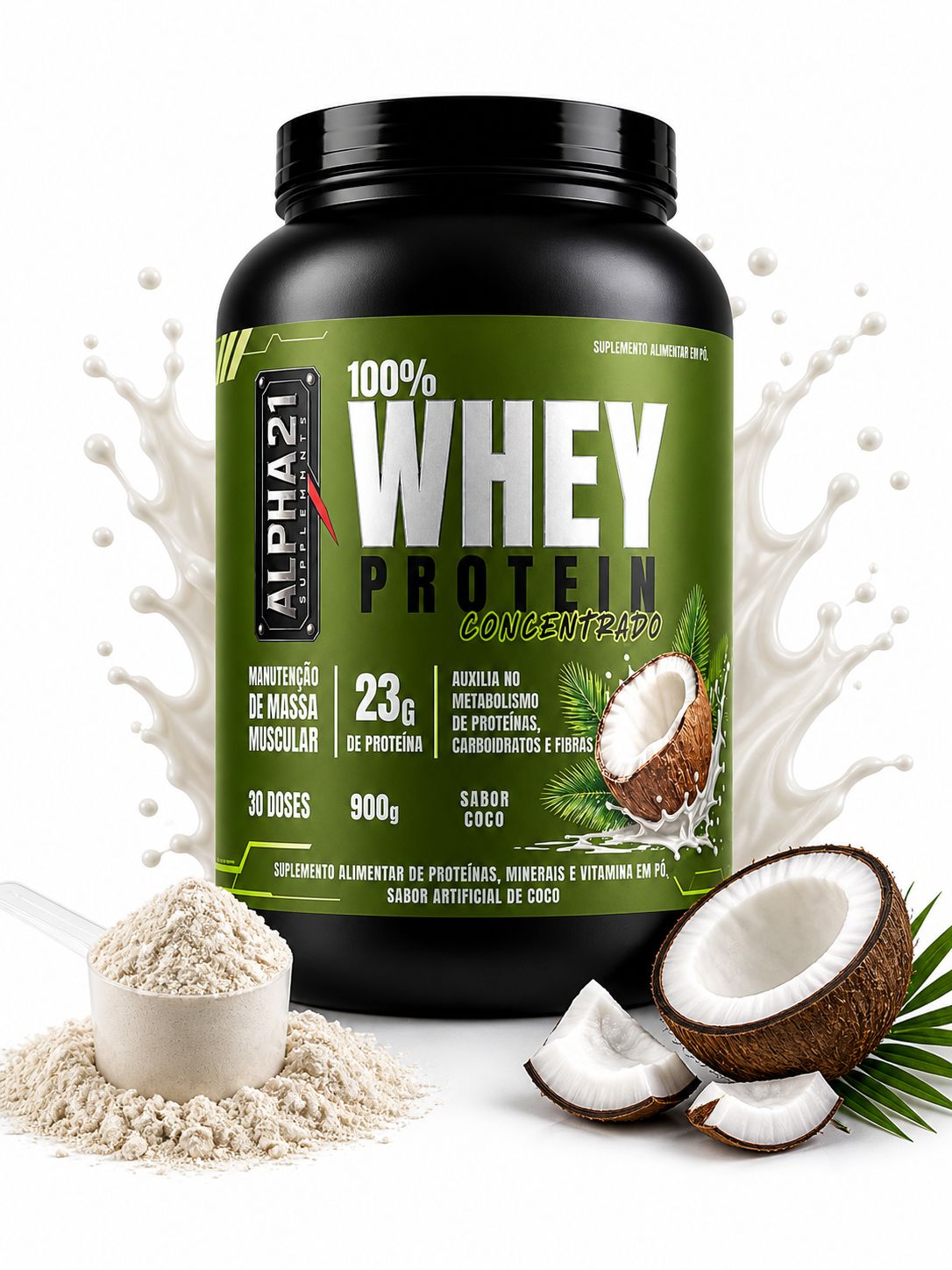 Whey Protein ALPHA21 Coco 900g - Suplemento proteico concentrado com 24g de proteína, BCAAs e aminoácidos essenciais - Fabricado sob BPF ANVISA