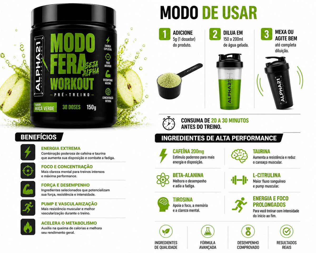 Pré-Treino ALPHA21 Maçã Verde – energia e foco para treino intenso