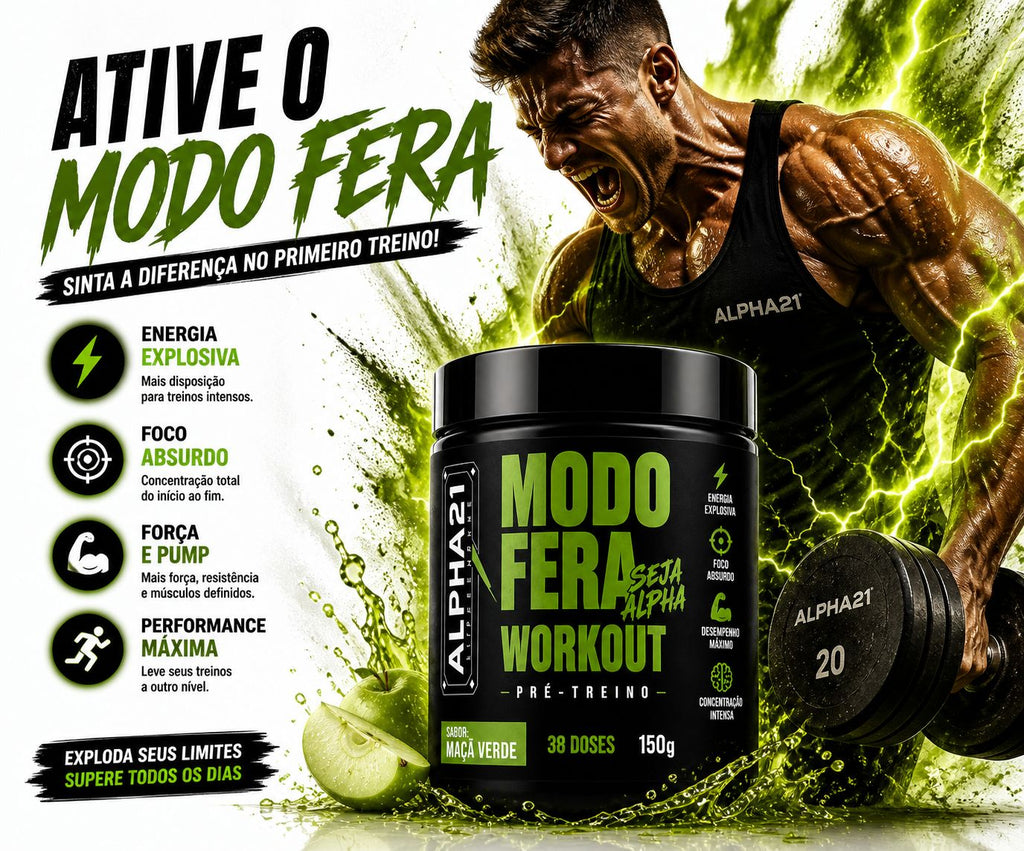 Suplemento pré-treino ALPHA21 Maçã Verde – 150g para máximo desempenho