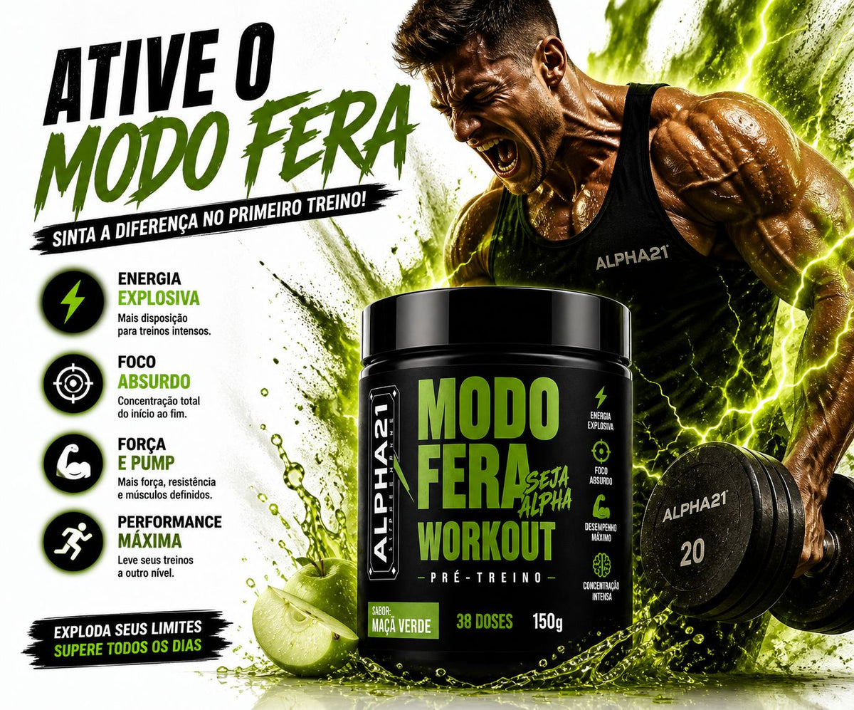 Suplemento pré-treino ALPHA21 Maçã Verde – 150g para máximo desempenho