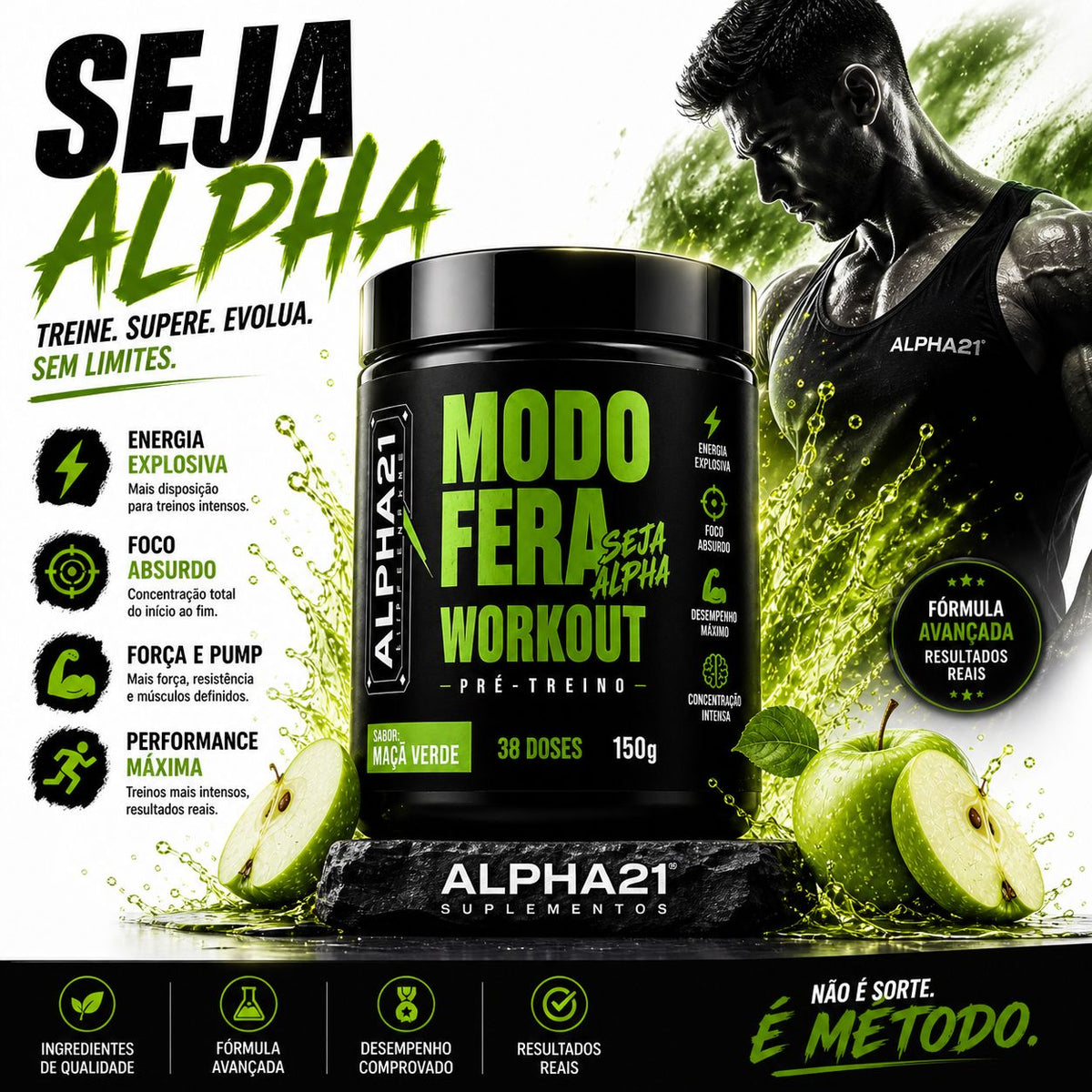 Pré-Treino ALPHA21 sabor Maçã Verde – 150g com fórmula de energia premium