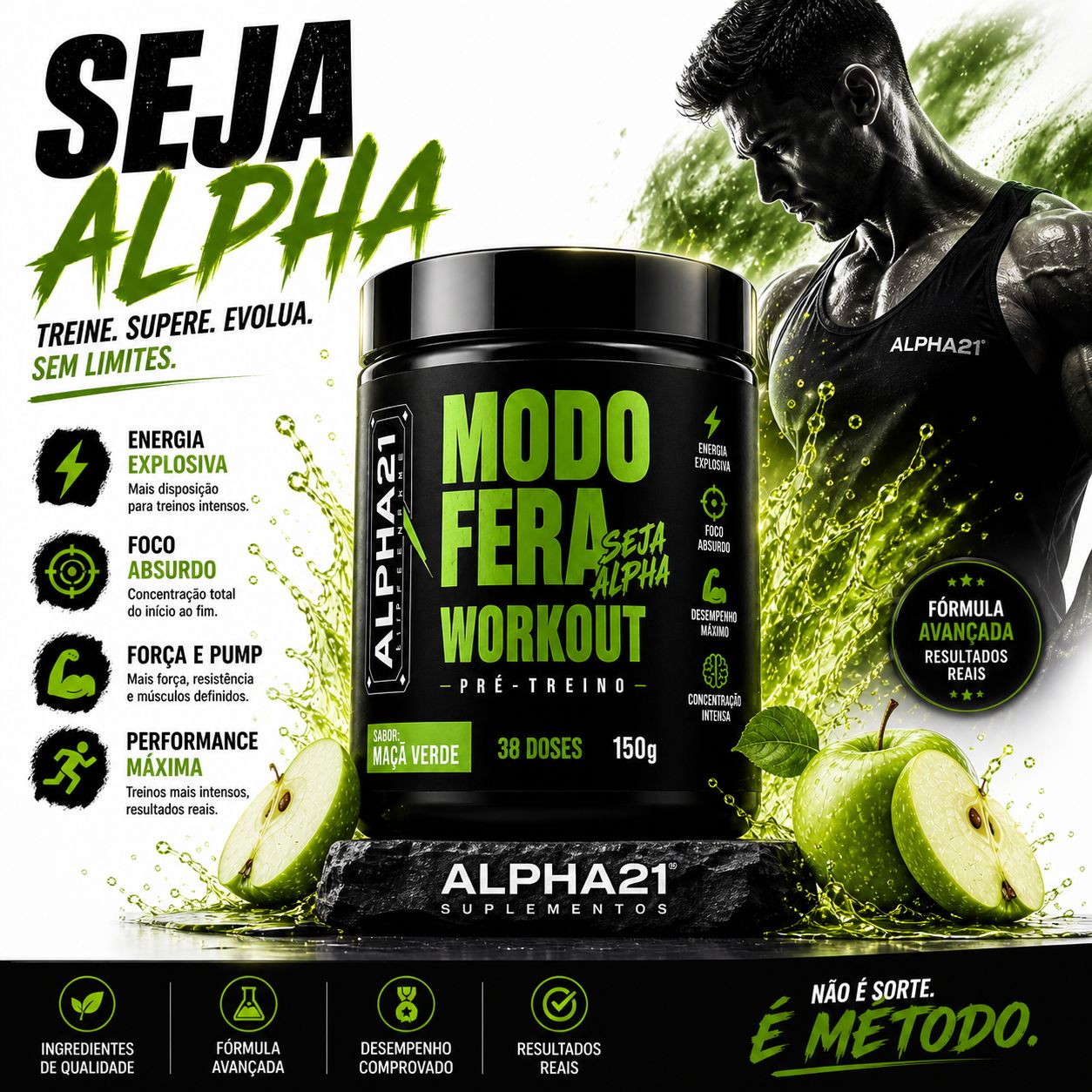 Pré-Treino ALPHA21 sabor Maçã Verde – 150g com fórmula de energia premium