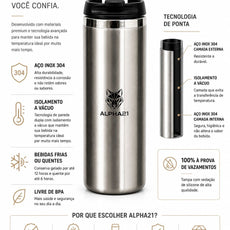 Garrafa térmica inox ALPHA21 aço 304 com isolamento a vácuo, mantém gelado por 12h e quente por 6h, tampa anti vazamento