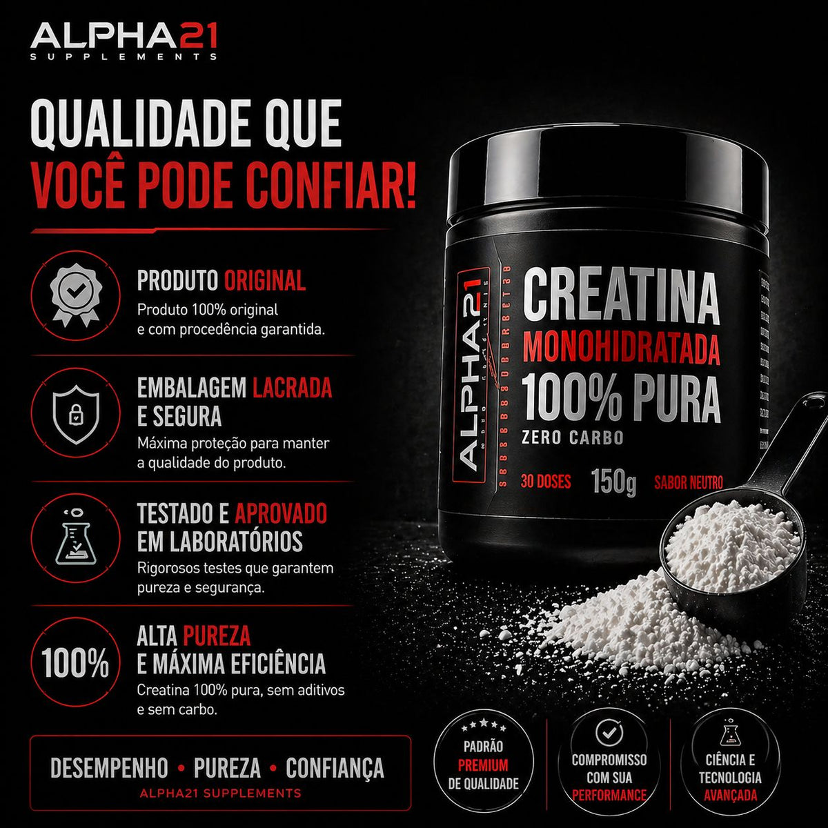 Creatina ALPHA21 150g – monohidratada pura para ganho muscular