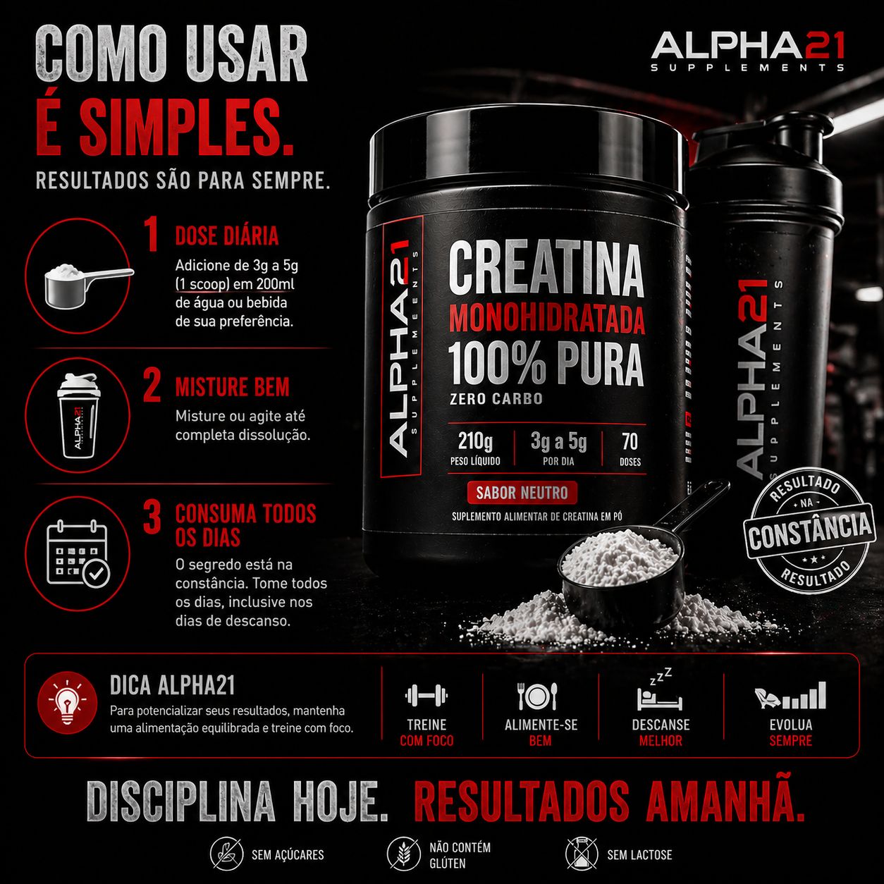 Creatina Monohidratada ALPHA21 210g – suplemento para força e resistência