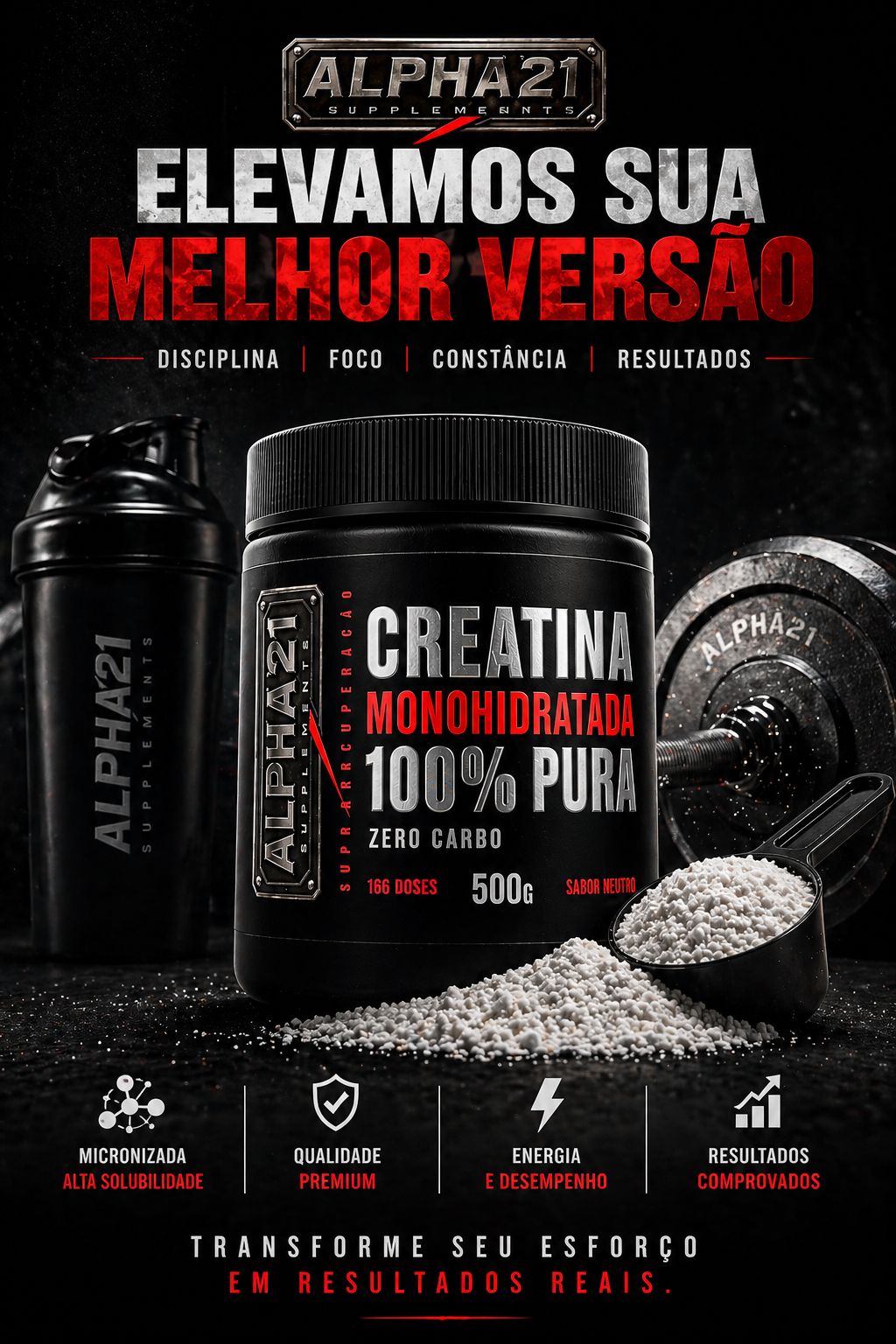 Creatina Monohidratada ALPHA21 500g – fabricada sob BPF/ANVISA