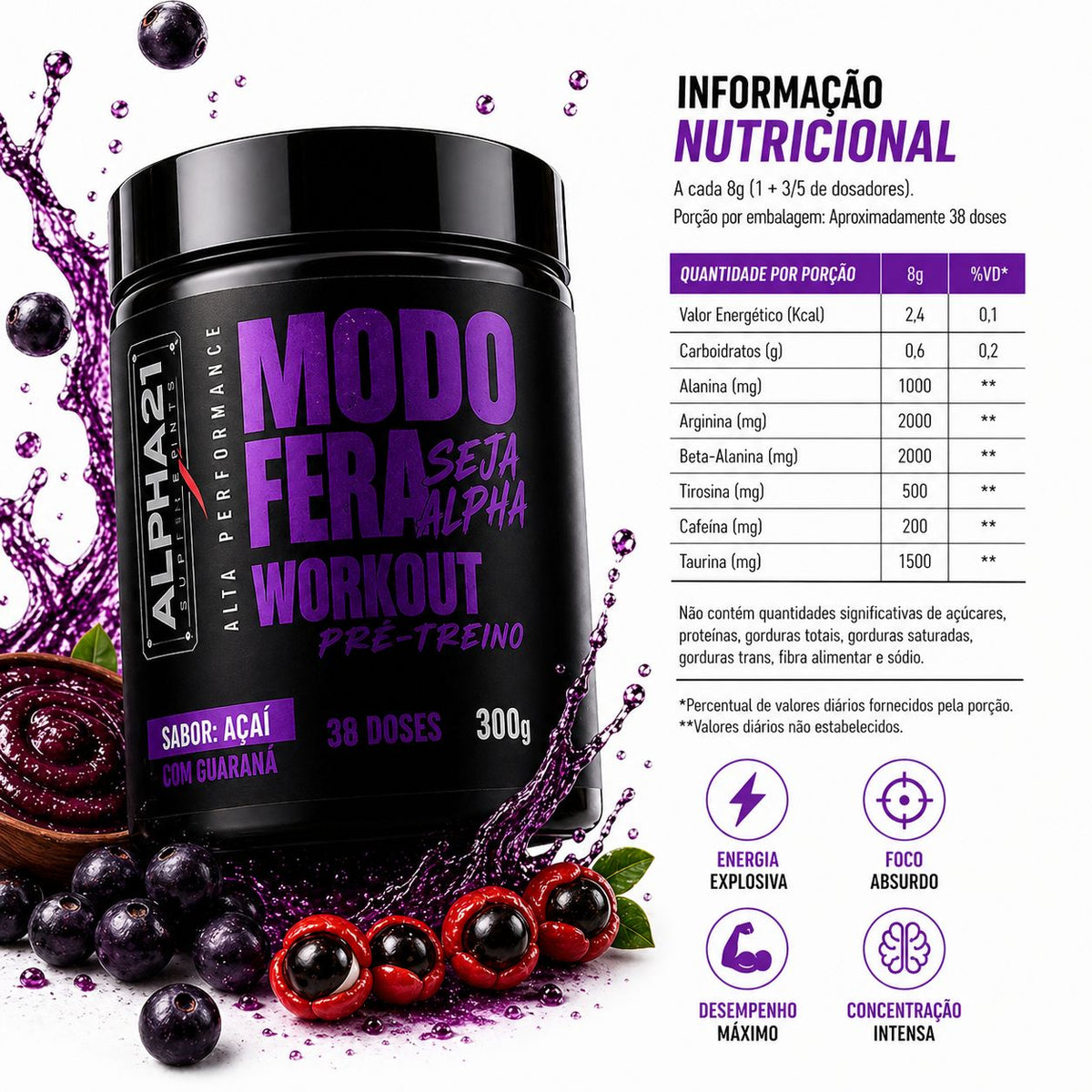 Suplemento pré-treino ALPHA21 Açaí – 300g para máximo desempenho