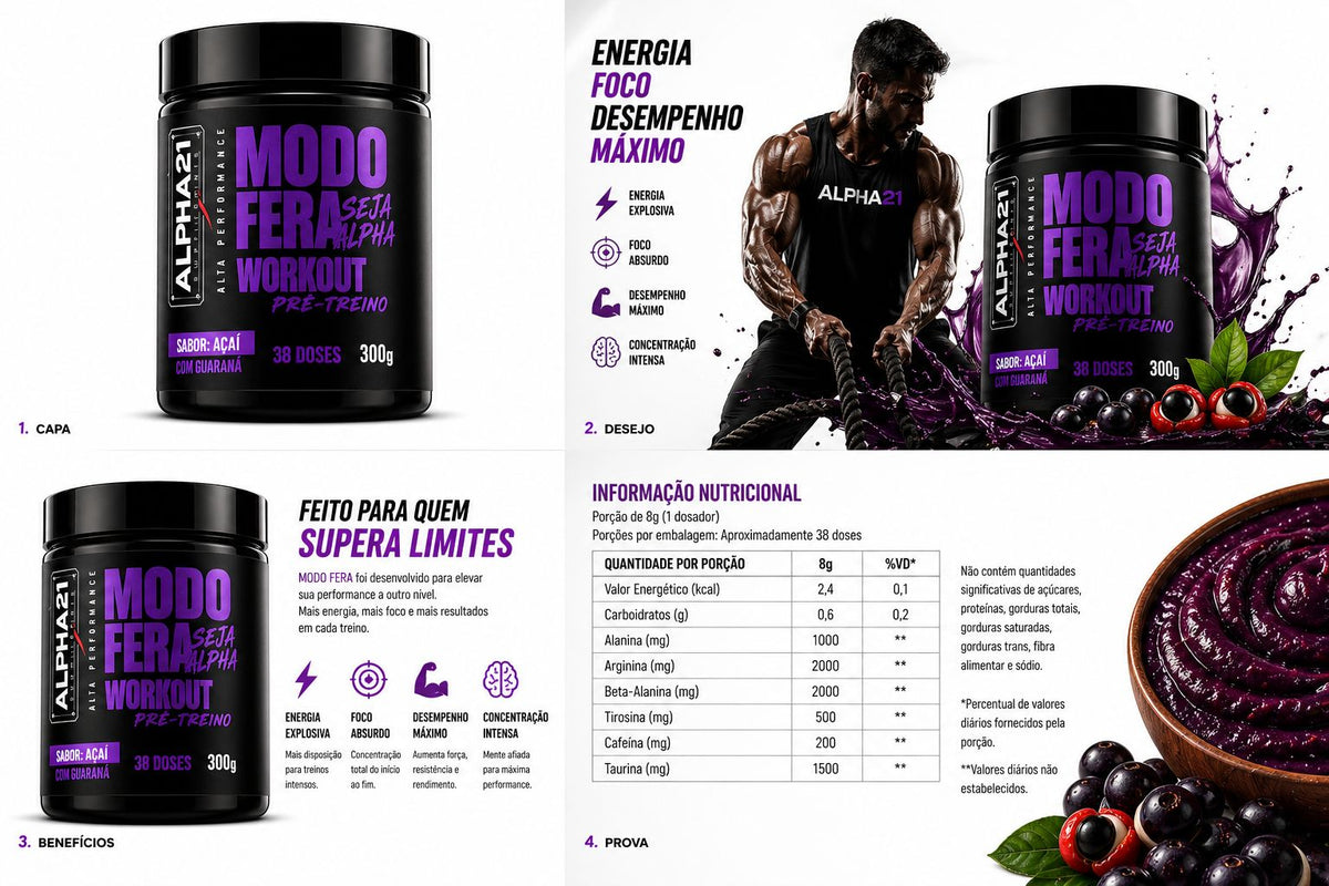 Pré-Treino ALPHA21 Açaí 300g – energia, foco e performance premium