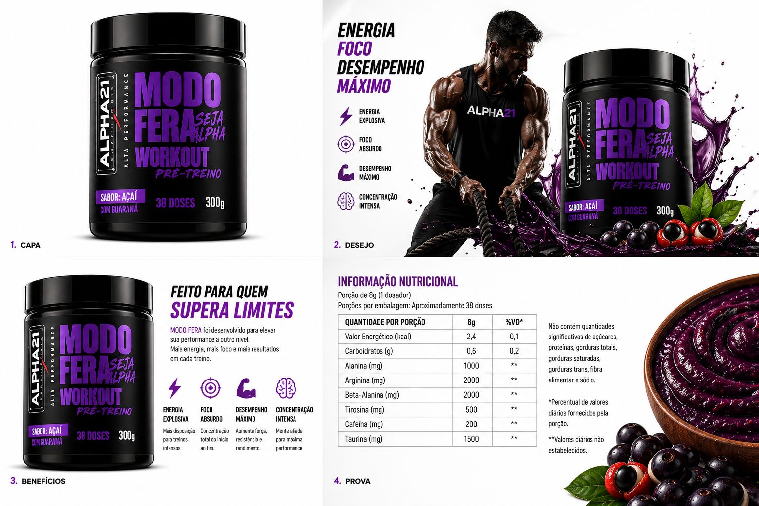 Pré-Treino ALPHA21 Açaí 300g – energia, foco e performance premium