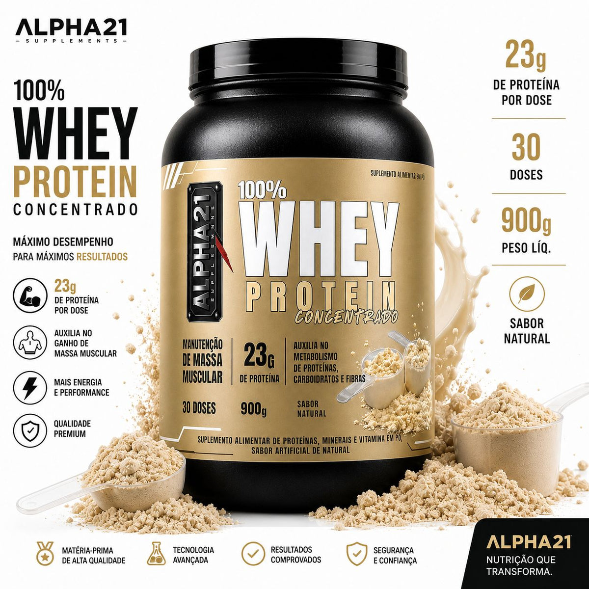 Whey Protein ALPHA21 sem sabor – concentrado 900g puro