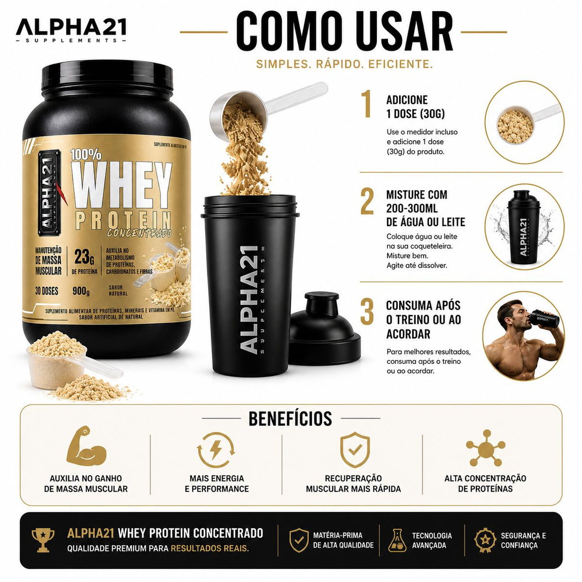 Proteína concentrada ALPHA21 Natural – 900g sem adição de sabor
