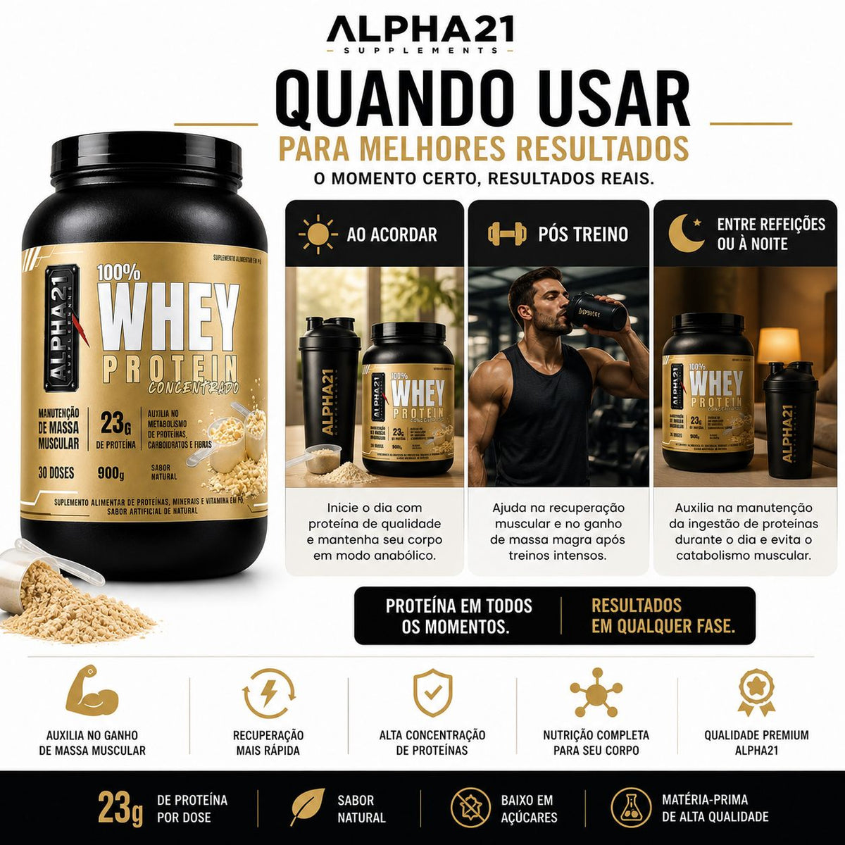 Whey concentrado ALPHA21 – Natural Sem Sabor 900g para hipertrofia