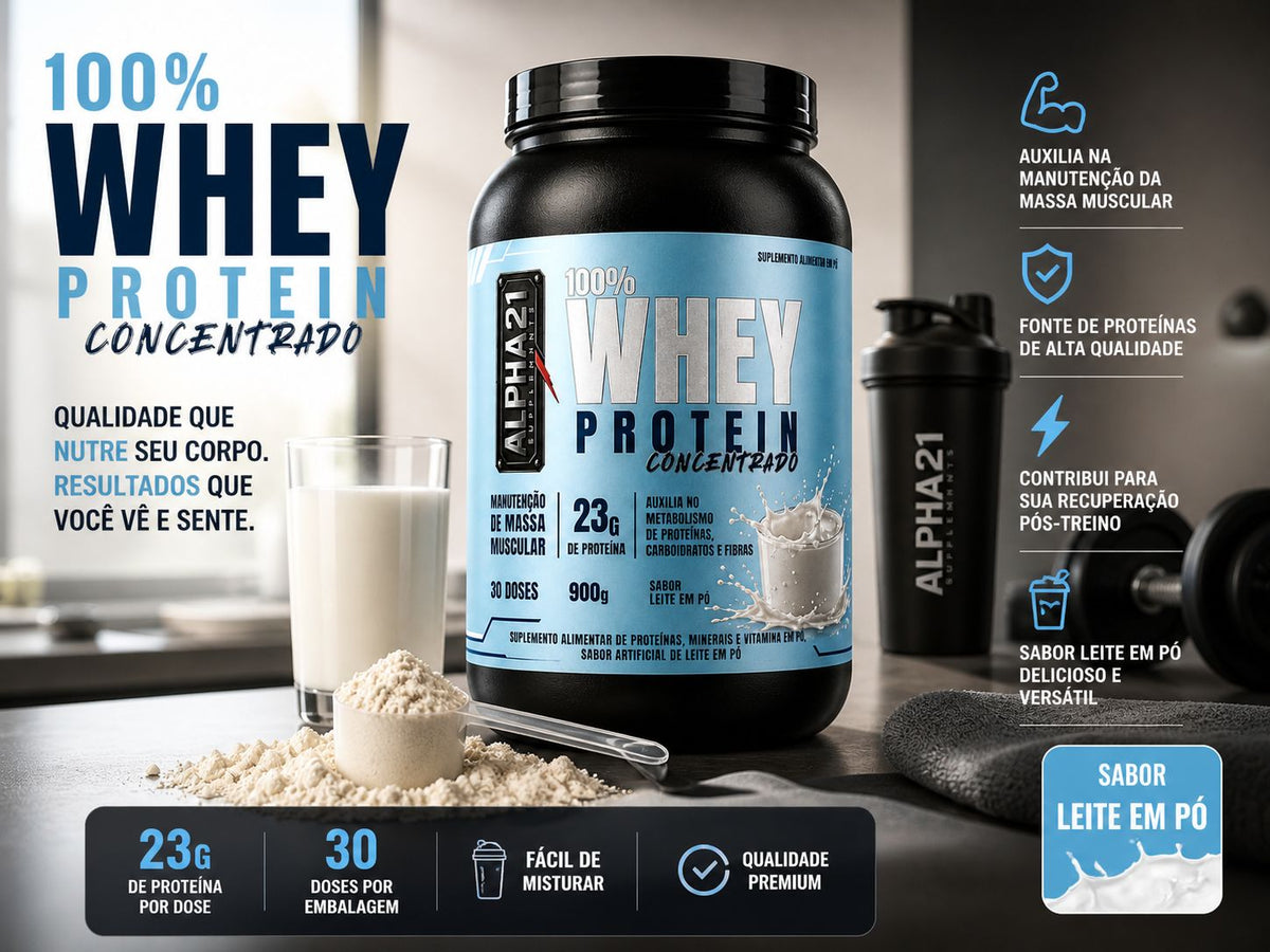 Whey concentrado ALPHA21 – Leite em Pó 900g para ganho muscular