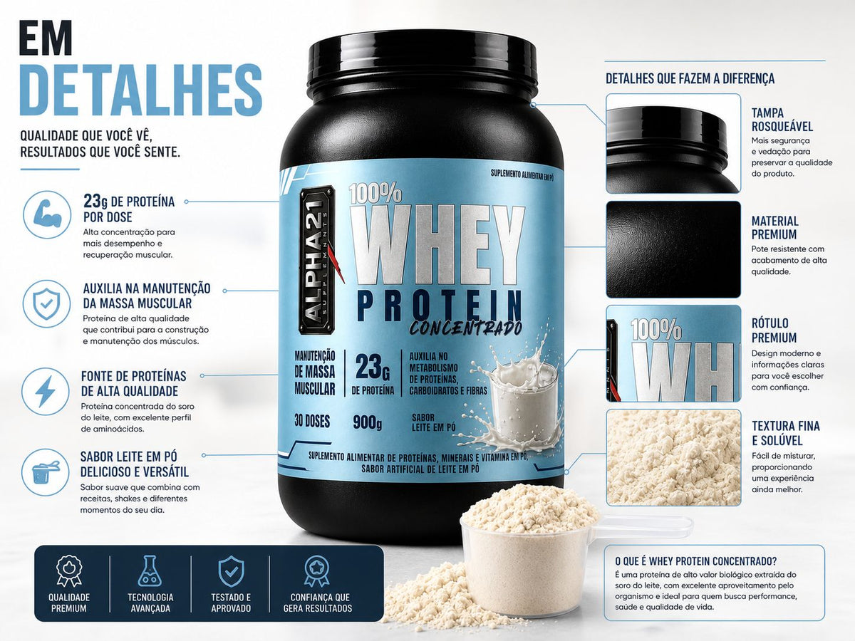 Proteína concentrada ALPHA21 Leite em Pó – 900g para hipertrofia