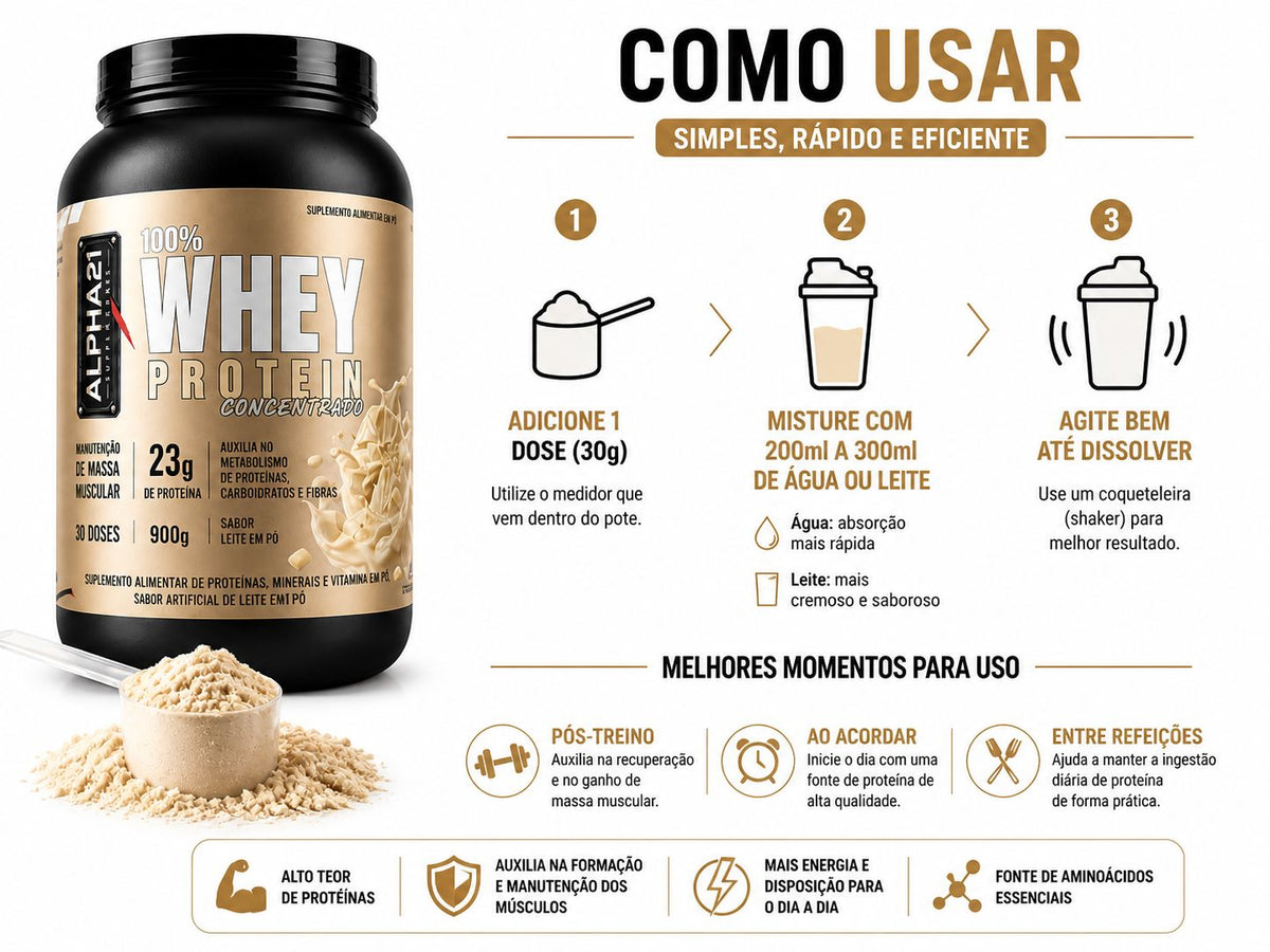 Whey concentrado ALPHA21 – Chocolate Branco 900g para ganho muscular