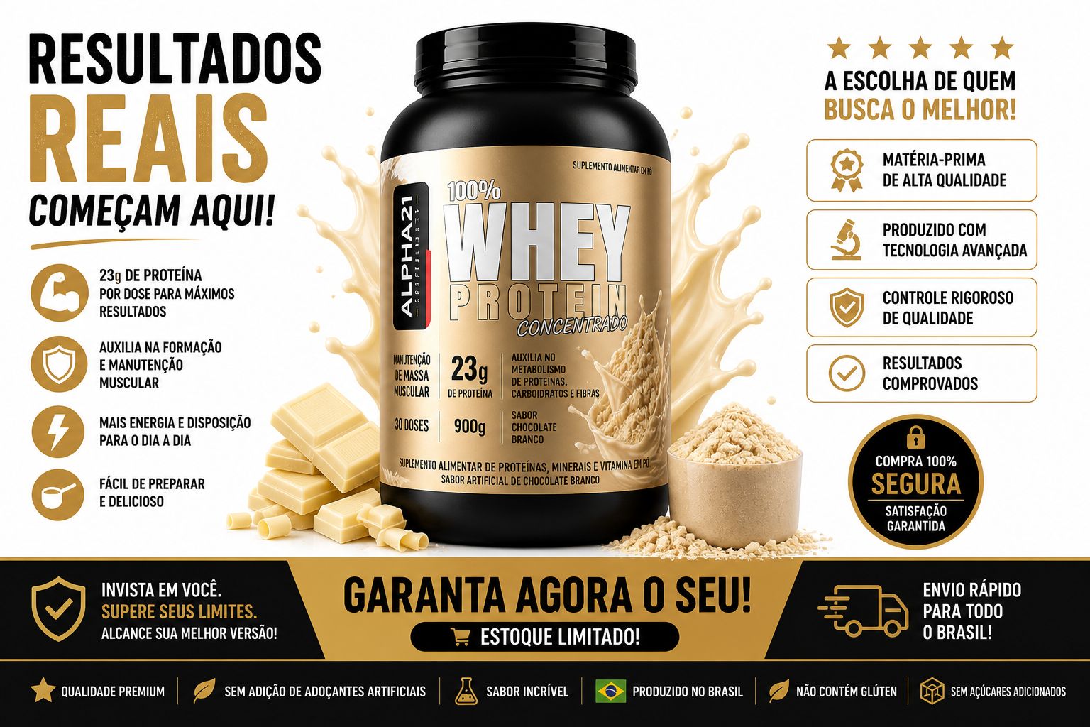 Whey Protein ALPHA21 sabor Chocolate Branco – 900g concentrado