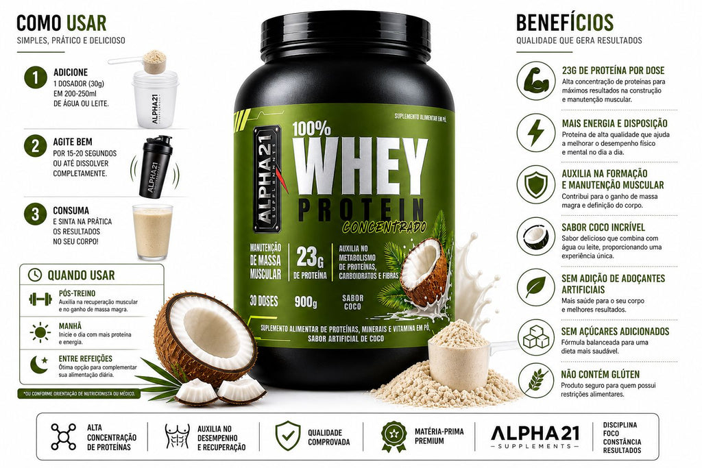 Proteína concentrada ALPHA21 Coco – 900g para hipertrofia