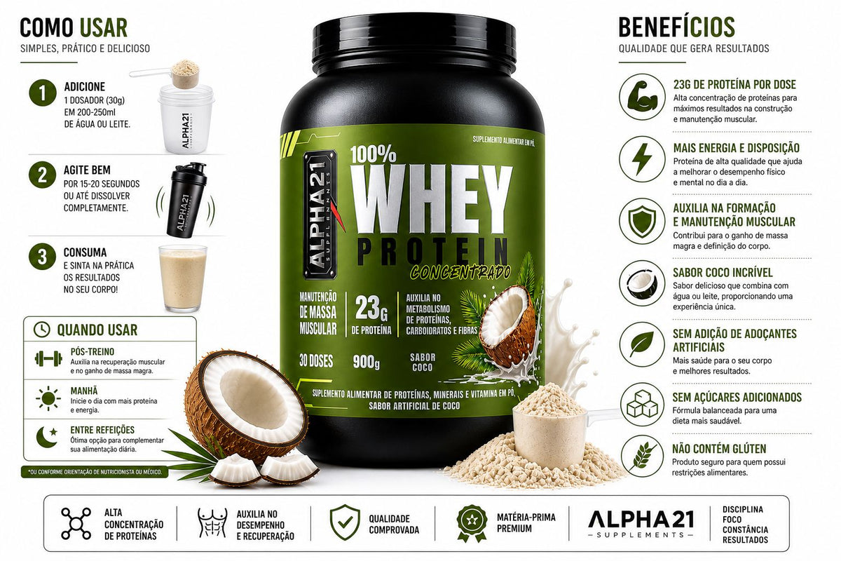 Proteína concentrada ALPHA21 Coco – 900g para hipertrofia