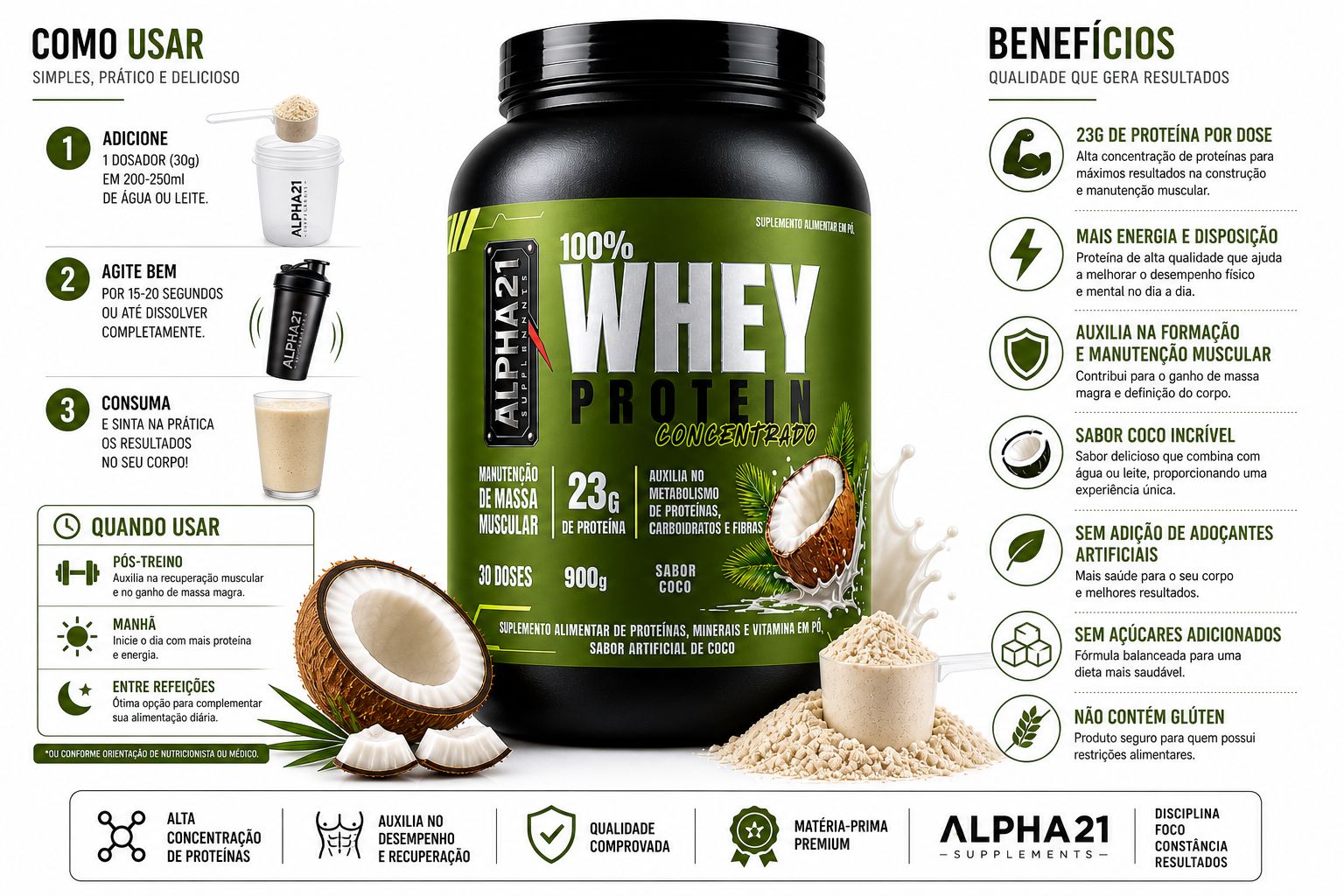 Proteína concentrada ALPHA21 Coco – 900g para hipertrofia