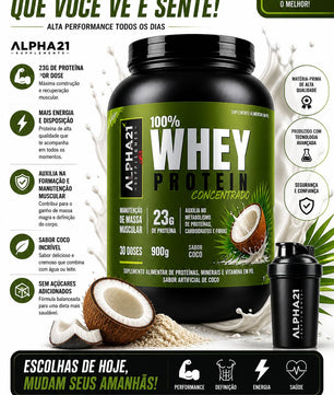Whey concentrado ALPHA21 – Coco 900g para ganho muscular