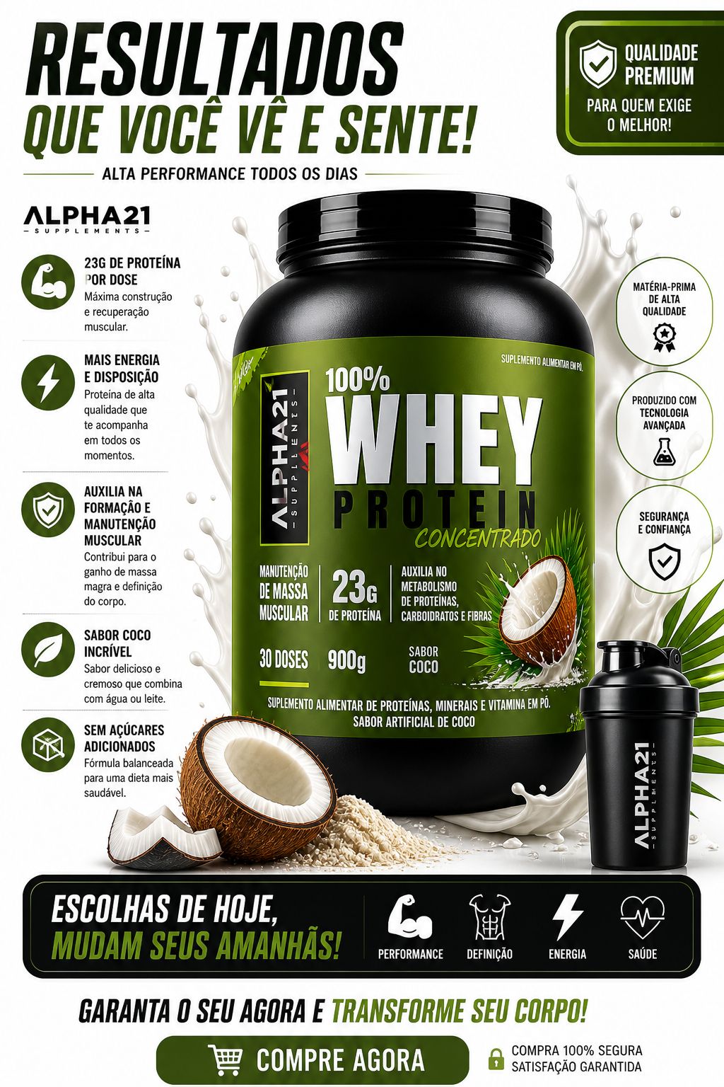 Whey concentrado ALPHA21 – Coco 900g para ganho muscular