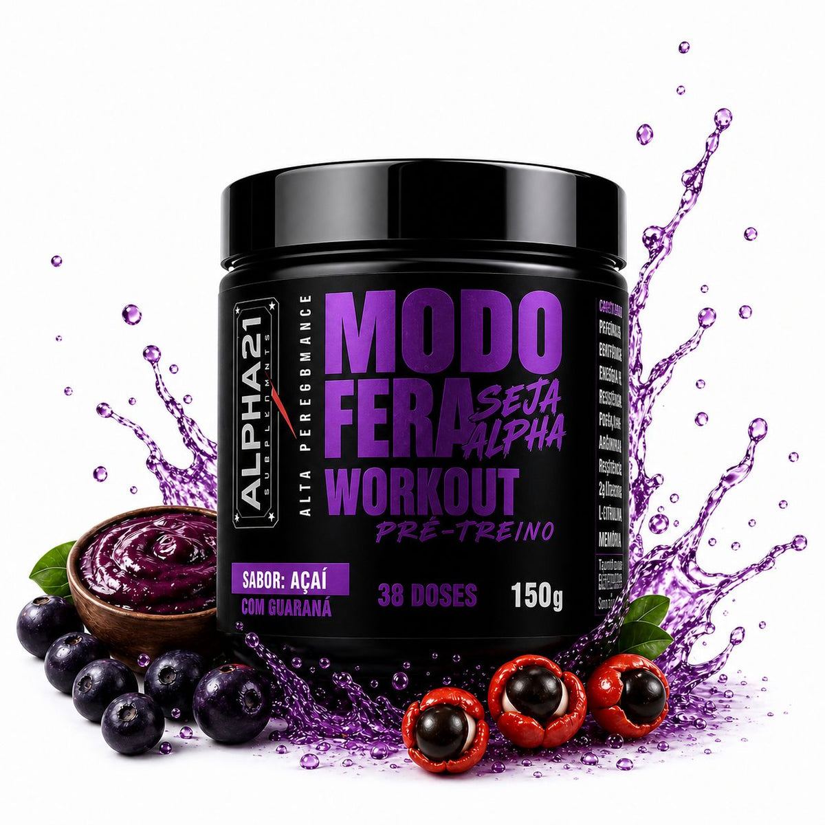 Pré-Treino ALPHA21 Modo Fera 150g - Suplemento pré-treino com cafeína, beta-alanina e citrulina para energia intensa e foco - Fabricado sob BPF ANVISA
