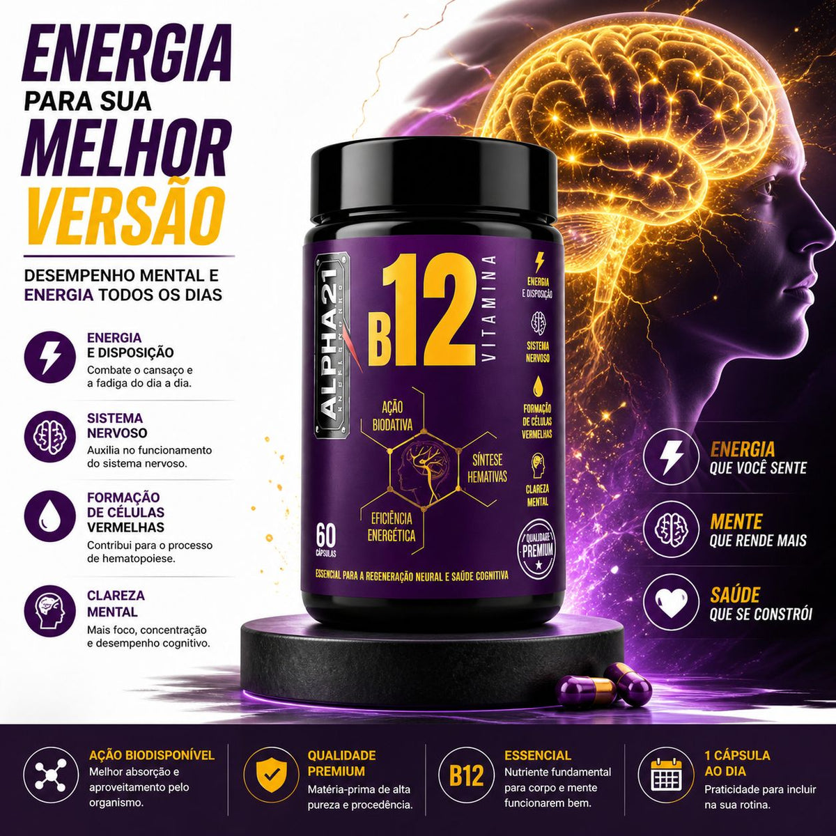 Vitamina B12 Metilcobalamina ALPHA21 | 60 Cápsulas – Fórmula de Alta Absorção