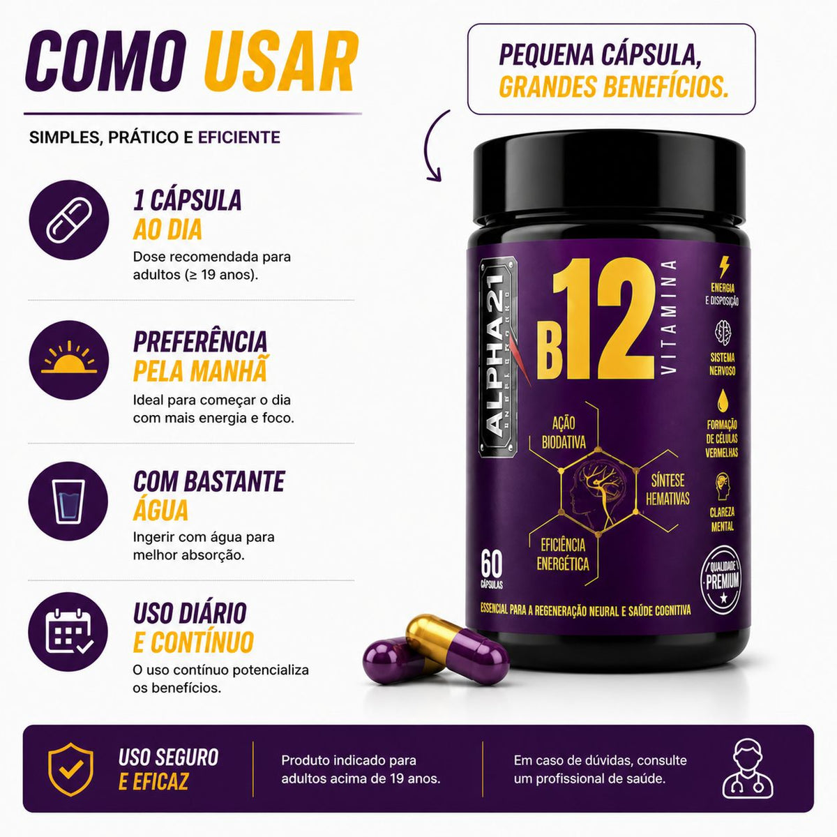 Vitamina B12 Metilcobalamina ALPHA21 | 60 Cápsulas – Fórmula de Alta Absorção